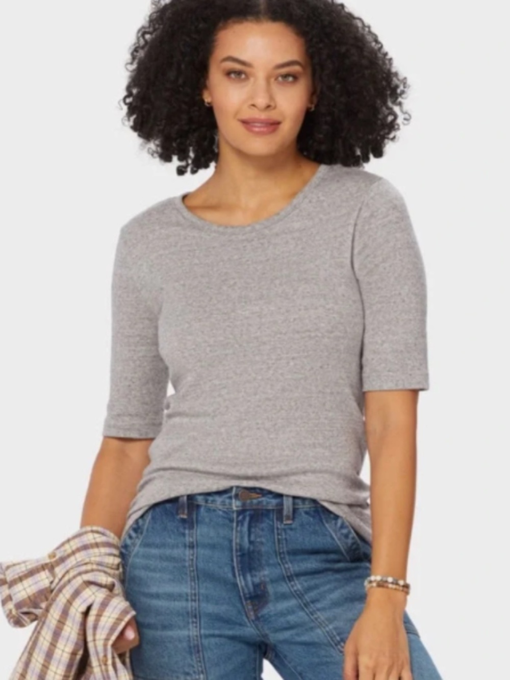 Duluth Trading Co Longtail T Elbow Sleeve Scoop Neck Heather Gray